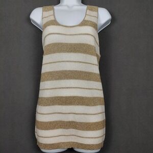 Gold Metallic Striped Knit L Tank Top Sleeveless Scoop Glam Cream Shimmer Classy